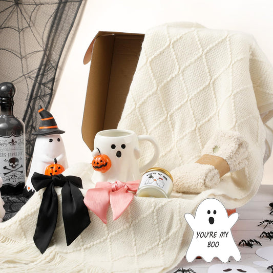 Mimorou Halloween Boo Basket Gifts for Adults Women Halloween Basket Stuffer with Ghost Mug Knitted Tassel Blanket Boo Scented Candle Gifts for Friends Women Family