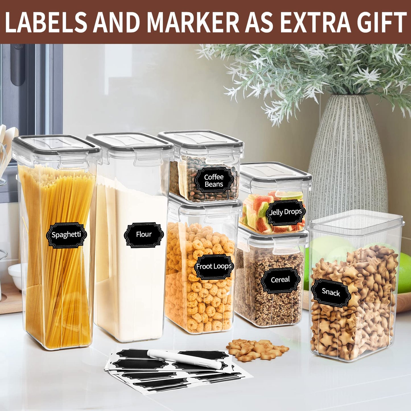 PRAKI Airtight Food Storage Containers Set with Lids - 24 PCS, BPA Free Kitchen and Pantry Organization, Plastic Leak-proof Canisters for Cereal Flour & Sugar - Labels & Marker(Grey)