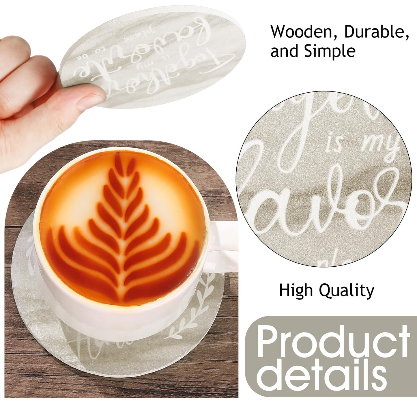 Queekay Coasters Set of 6 House Warming Gifts New Home Wooden Farmhouse Drink Coasters with Holder 4'' Funny Decoration for Kitchen Family Coffee Bar Tabletop Protection(Brown Marble)