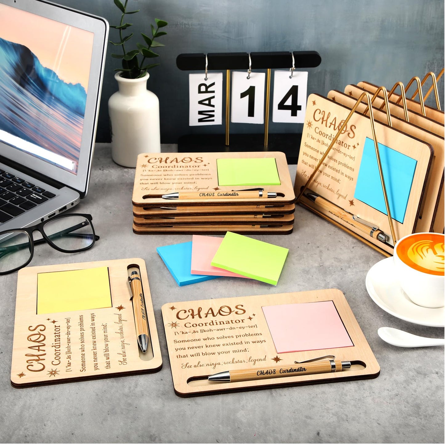 Kosiz 10 Set Chaos Coordinator Appreciation Gifts Bulk Wooden Sticky Note Holder with Notes and Ballpoint Pens Thank You Appreciation Gifts for Chaos Coordinator Team Employee Office Supplies