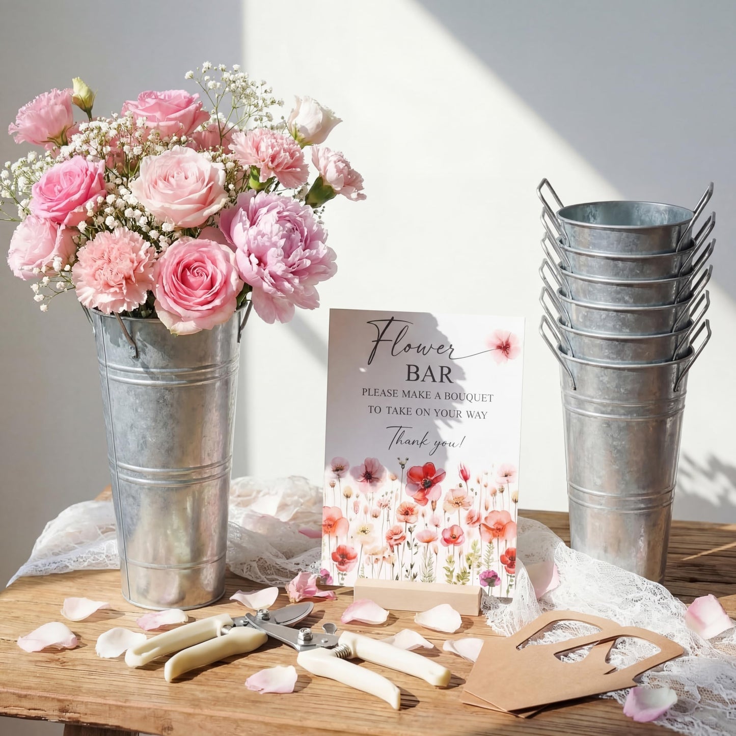 LEIFIDE Flower Bar Buckets Set Kit Bloom Bar Supplies Include Wood Sign Gift Bags Iron Bucket Garden Flower Shears for Wedding Bridal Shower Graduation Birthday Table Centerpieces(39 Pcs,Silver)