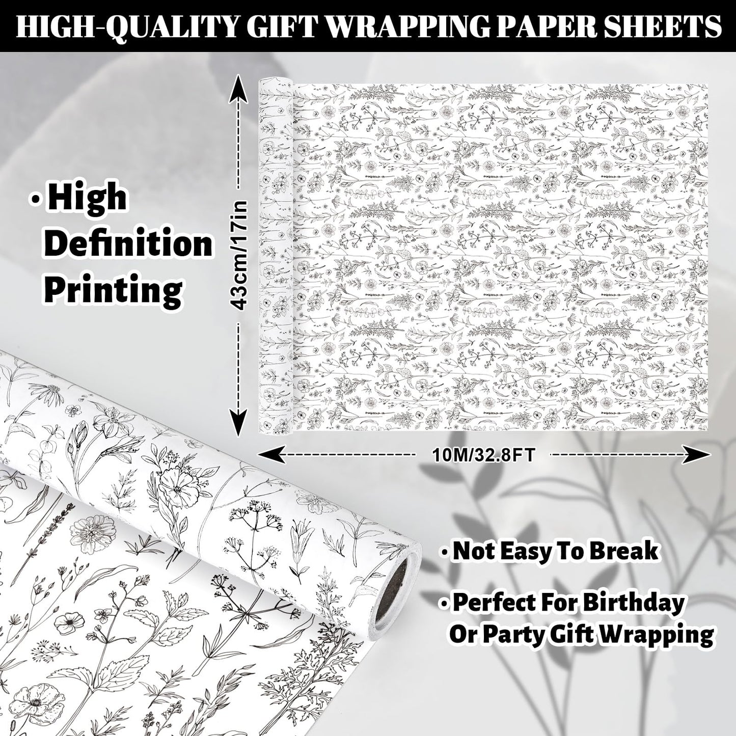 FYSUIMU Vintage Wildflower Wrapping Paper Mini Roll 17 In x 32.8 Ft Spring Black White Floral Gift Wrap Botanical Flower DIY Art Crafts Paper for Wedding Baby Shower Birthday Holiday Party