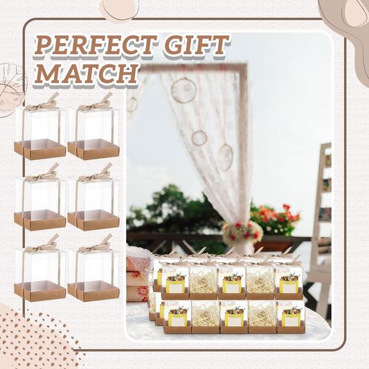 Cunno 24 Sets 3.5 x 3.5 x 4.3 in Candle Gift Package Valentine's Transparent Box 4-18 oz Handmade Tealight Candle Holder Paper Bottom Ribbon for Wedding Baby Shower Party Mug (Brown)