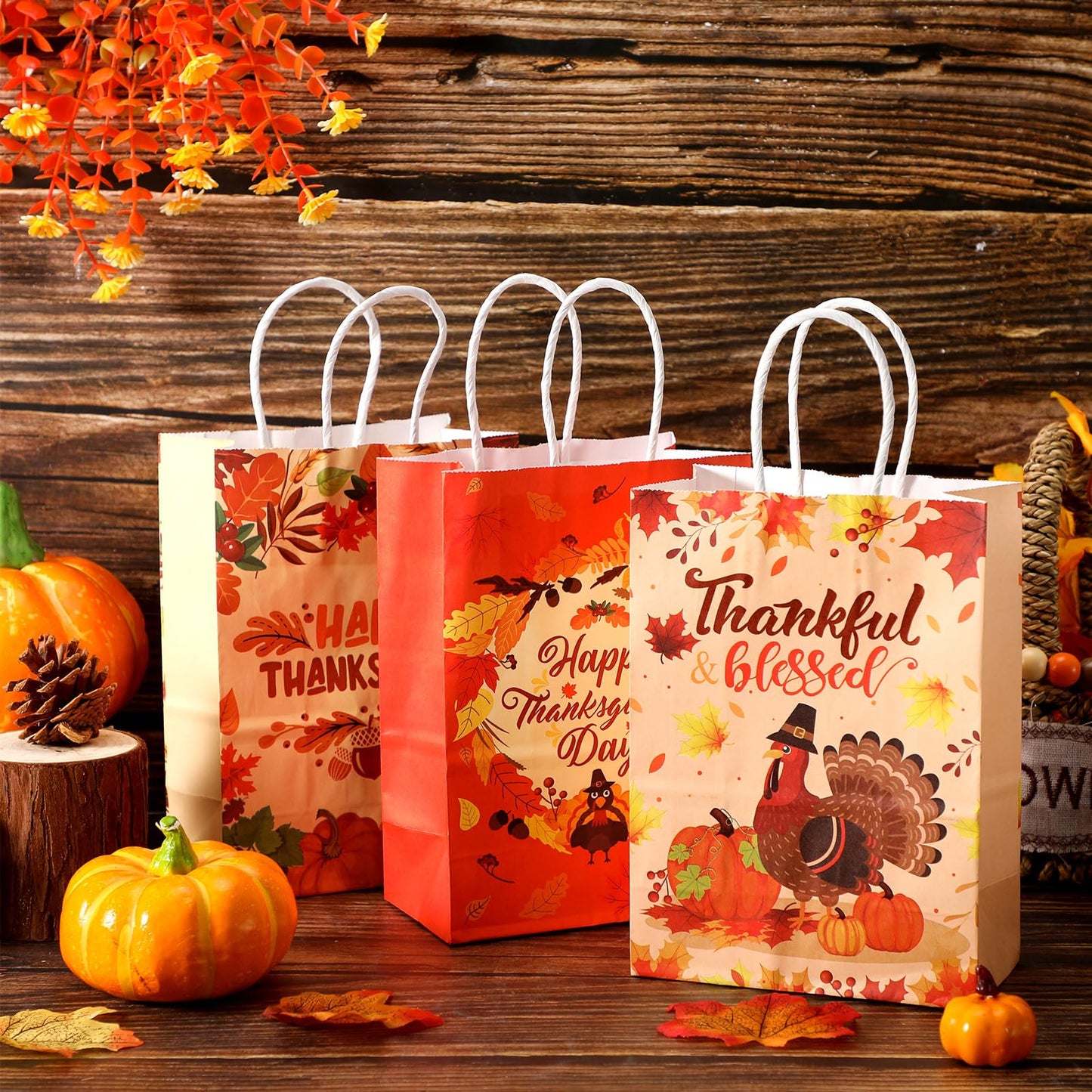 Qeeenar 36 Pcs Thanksgiving Gift Bags Fall Turkey Party Favors Pumpkin Turkey Goodie Candy Paper Bags with Handles Autumn Harvest Treat Pouch for Thanksgiving Party Decorations Supplies
