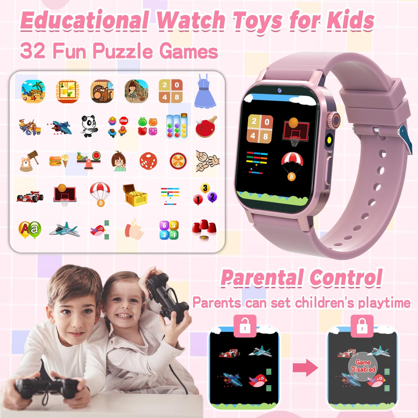Kids Smart Watches Girls Gift Age 3-12, Kids Watch with 32 Games HD Touchscreen Camera Video Music Audiobook Pedometer Flashlight 12/24 hr Educational Toys Birthday Gift for Girls Ages 5 6 7 8 9 10