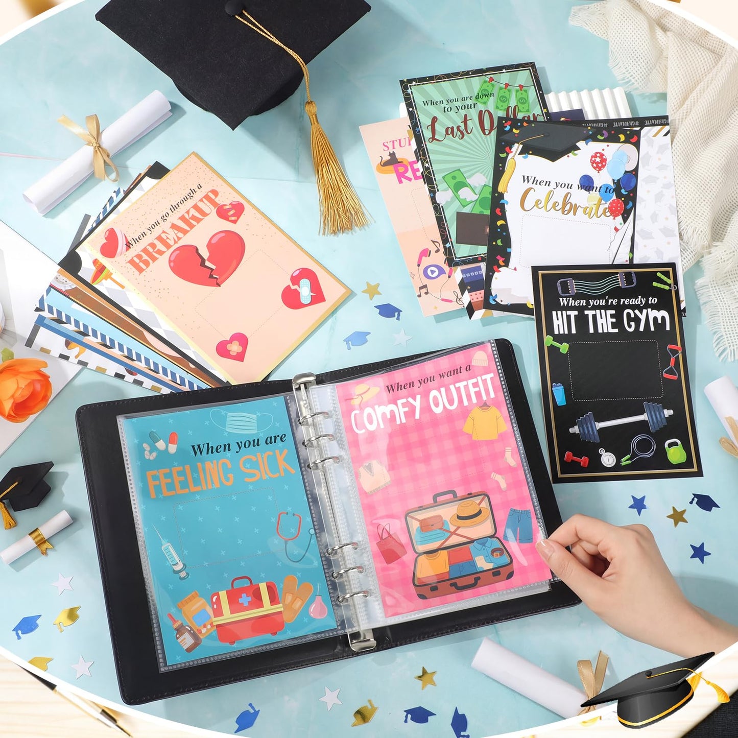 Funrous College Gift Card Book 7 x 5 Inch, Class of 2026 Graduation Gift Card Holder Book for Her/Him, First Year of College Survival Kit, 25 Cards Booklet for Graduates, Black Gold