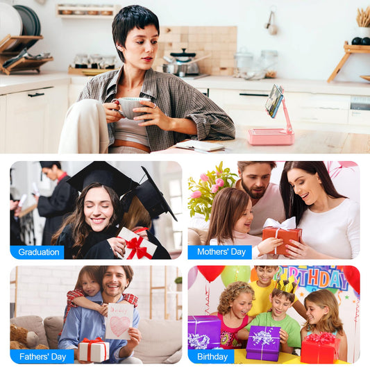 TechGlow Gifts for Men Women Foldable Cellphone Stand with Bluetooth Speaker and Charging Function 360° Rotatable Phone Stand Birthday Gift Idea for Mom Dad Cool Tech Gifts-Pink