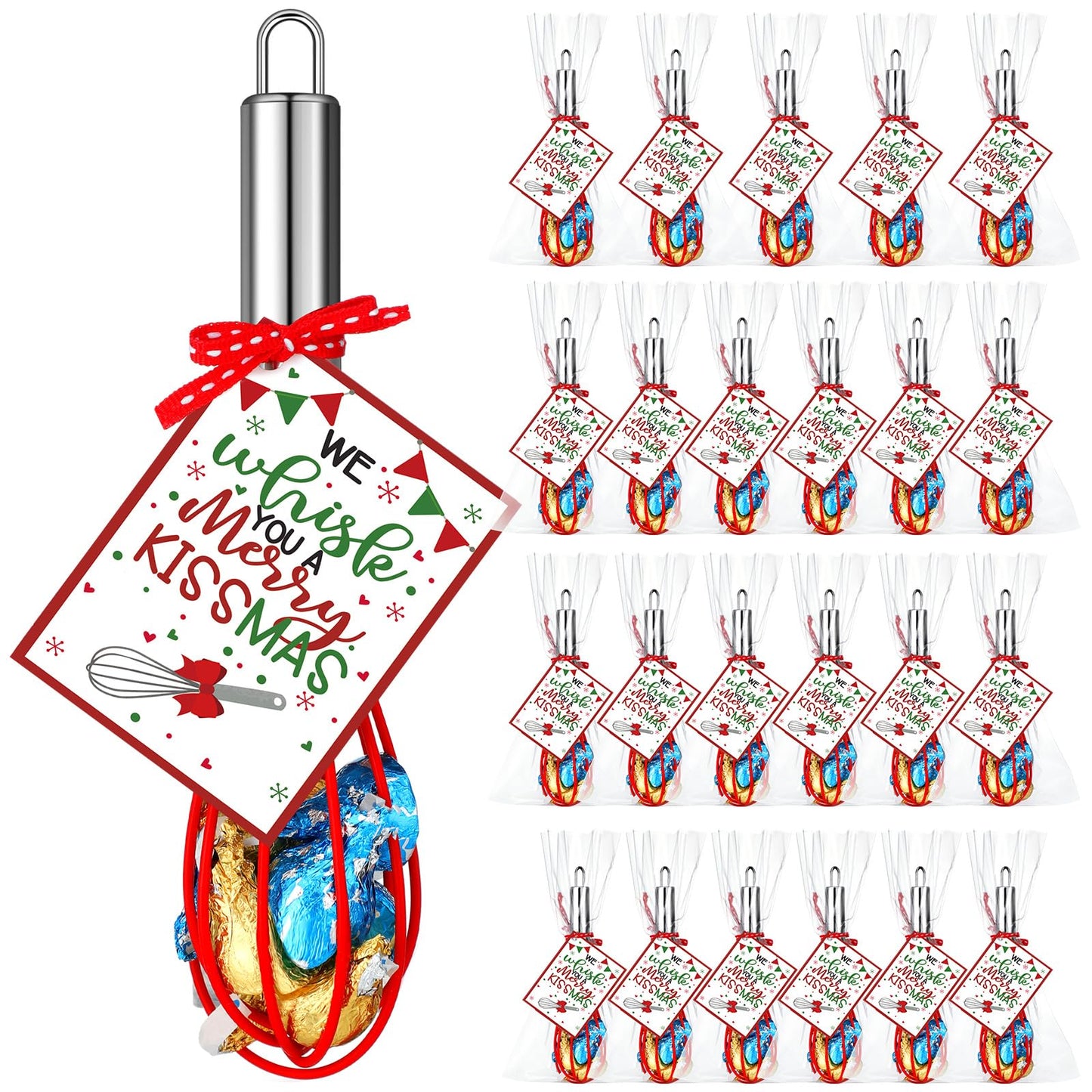 Nuogo 24 Sets Christmas Neighbor Gifts Christmas Whisk Baking Cooking Supplies Includes 8 Inch Stainless Steel Whisk, Greeting Cards, Ribbons, Plastic Bags for Kitchen Supplies Xmas Stocking Stuffers
