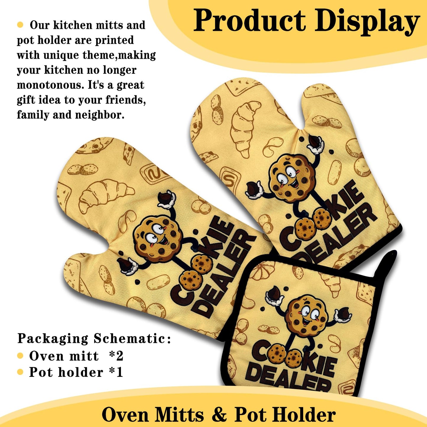 NAHMAKNE Funny Cookie Oven Mitts and Pot Holders Set of 3, Cookie Dealer, Heat Resistant Non-Slip Kitchen Mitts Hot Pads, Chef Baking Gifts for Mom Wife, Birthday Gifts for Women Men Friend Bakers