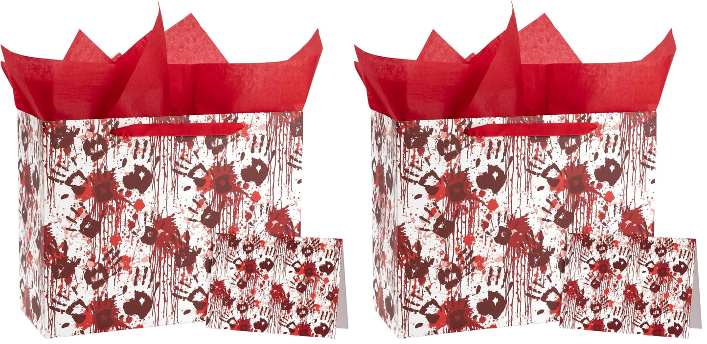 WRAPAHOLIC Bloody Halloween Large Gift Bags with Tissue Paper and Card - 10 x 5 x 13 inch - Spooky Blood Splatter and Handprint Halloween Paper Bags for Holiday, Party Gift Wrap (Pack of 2)