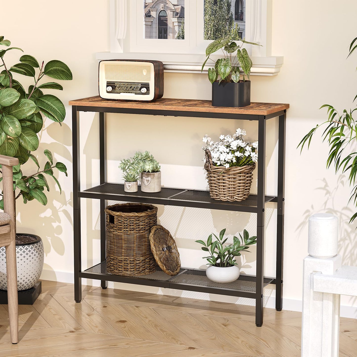 HOOBRO 29.5" Narrow Console Table Bundle, 5 Tiered Plant Shelf Flower Stand for Multiple Indoor Plants, for Hallway, Entrance, Living Room, Bedroom BF73XG01-BF06HJ01