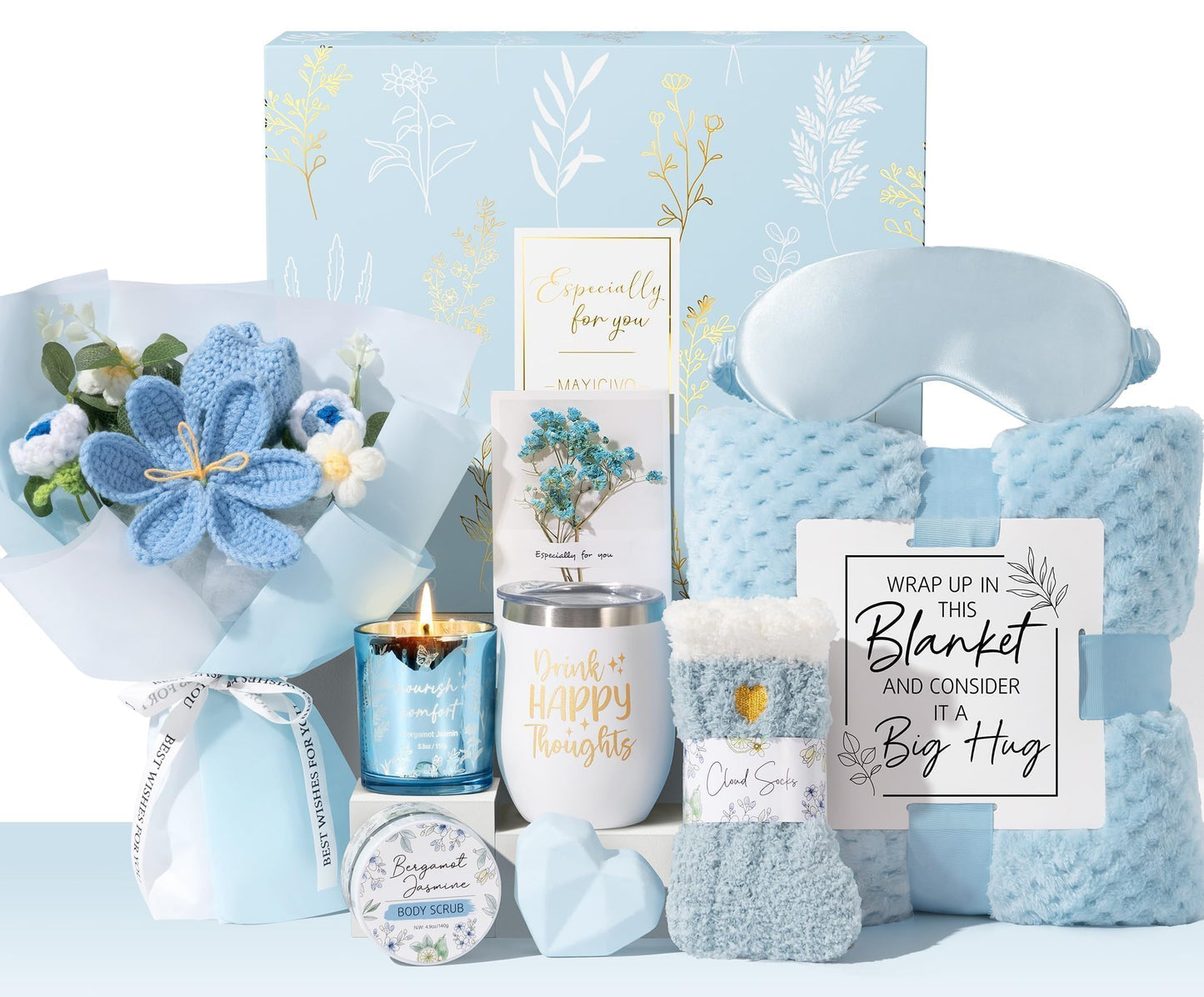 Mothers Day Birthday Gifts for Women Self Care Package Get Well Soon Gift Baskets, Thinking of You Sympathy Spa Gift Set w/ Crochet Flower Bouquet, Unique Gifts for Women Mom Sister Grandma Friends
