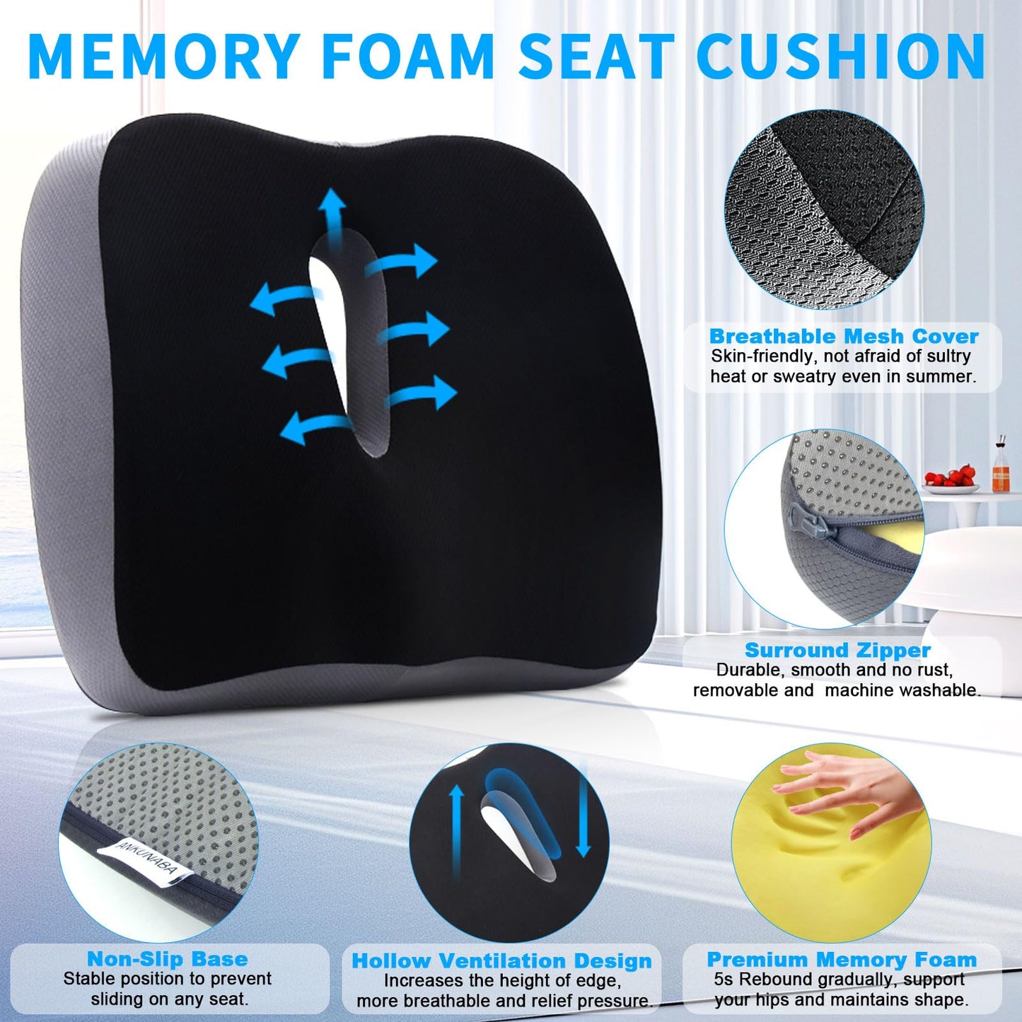 ANKUNABA Seat Cushions for Office Chairs, Large Memory Foam Desk Chair Cushion for Coccyx Tailbone Sciatica Back Pain Relief, Orthopedic Chair Pad for Car Wheelchair Computer Long Sitting (Black)
