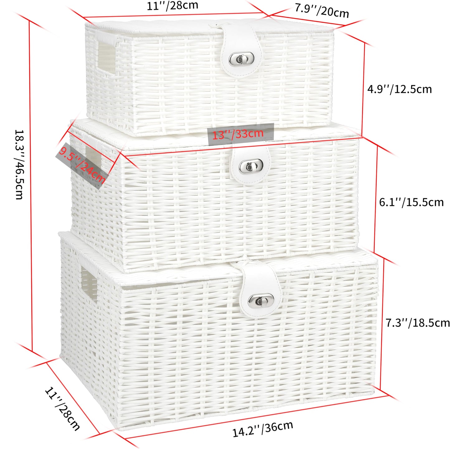 Honygebia White Wicker Storage Baskets - Set of 3 Decorative Nesting Boxes with Lids, Woven Basket with Lock & Handle, Organizer for Beauty Makeup Bathroom Decor