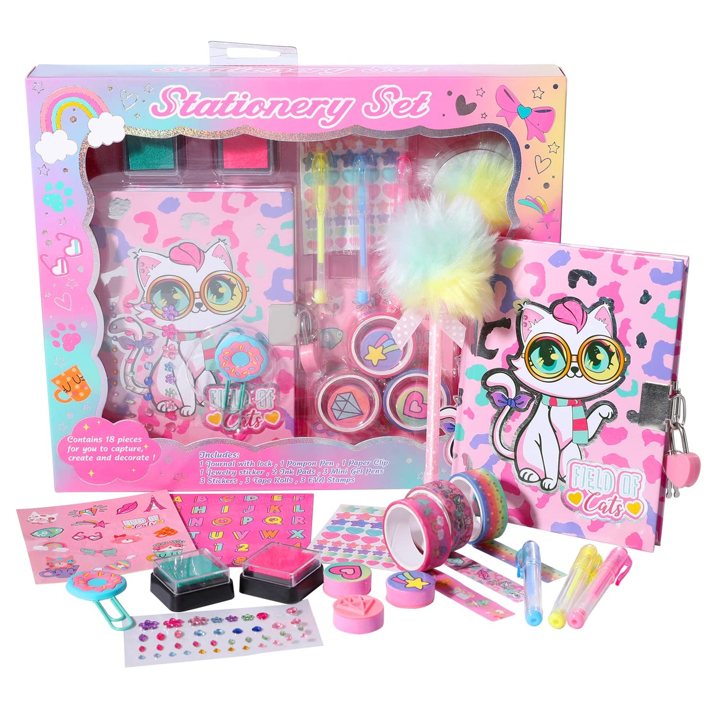 YOYTOO Cat Diary for Girls with Lock, Cat Stationery Set with Secret Diary, Stamps, Pens, Journal Notebook Birthday Gifts for Little Girls Age 5 6 7 8 9 10