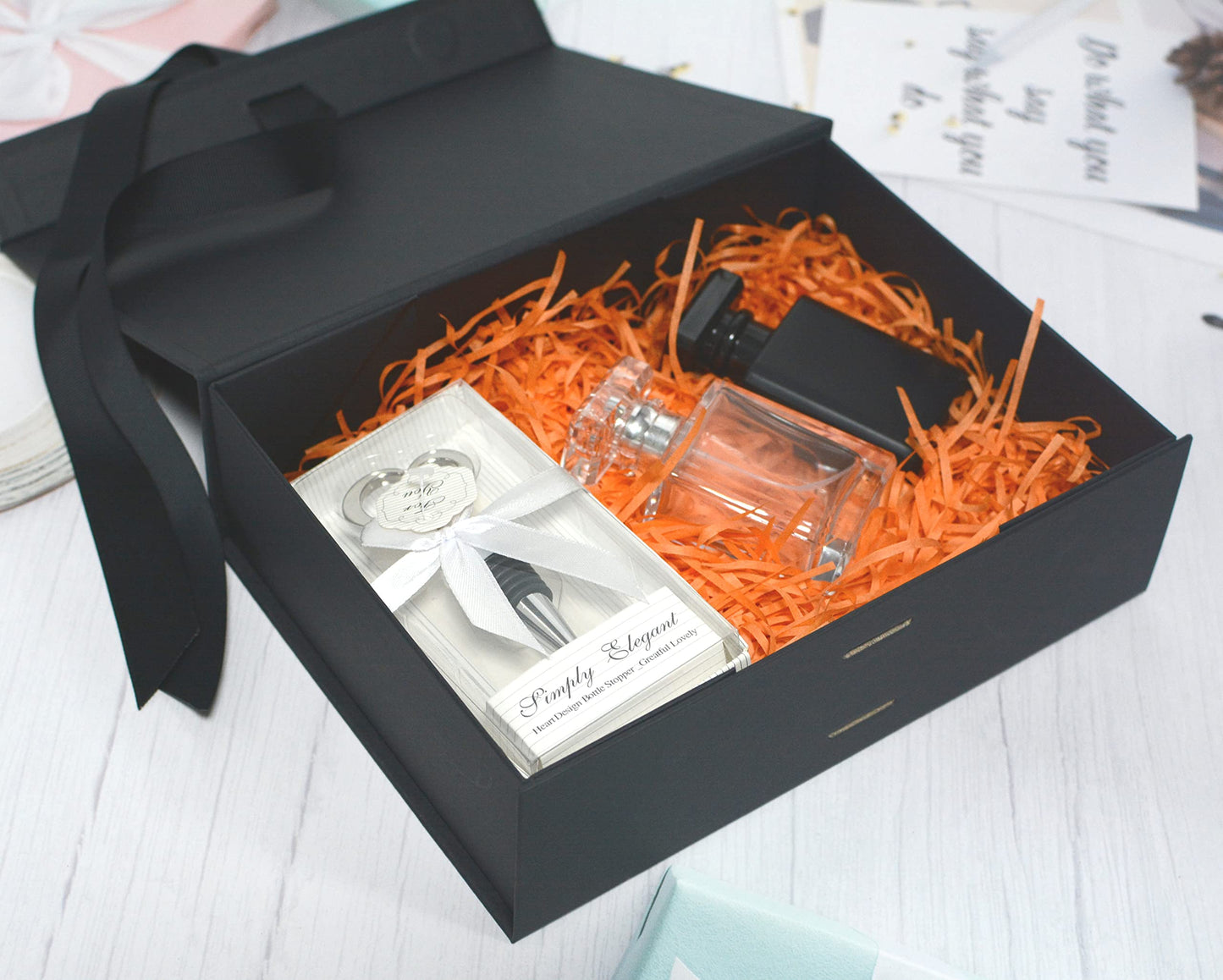 RUIFYRAY Black Luxury Magnetic Gift Box with Lid, Ribbons and Gift Bag, Medium Size-9.4x7x3 Inches, Great for Christmas, New Year, Wedding, Birthdays, Man