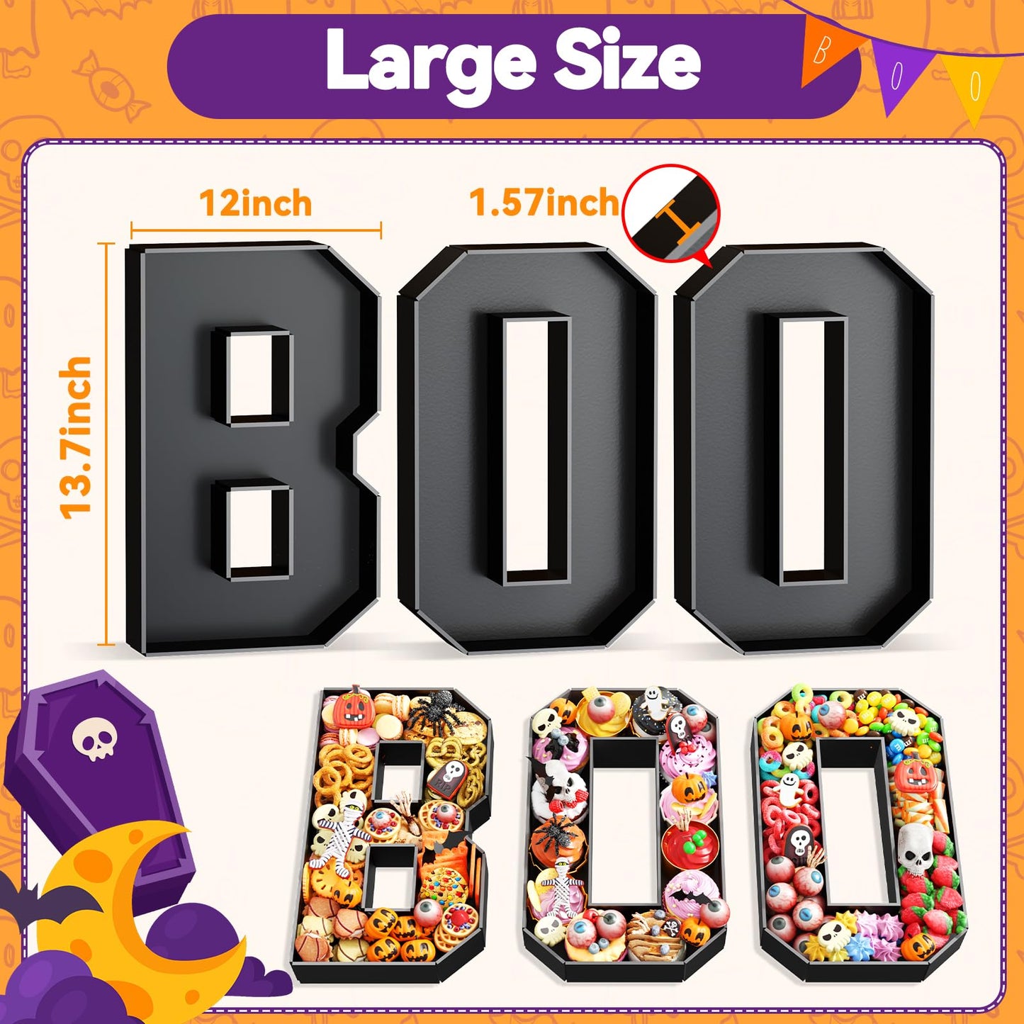 Paready Halloween Charcuterie Letters Boo, 13.78" Fillable Foam Cardboards Boo Black Charcuterie Tray Box for Candy, Treats, Snack, Cupcakes Container for Horror Halloween Party Decorations