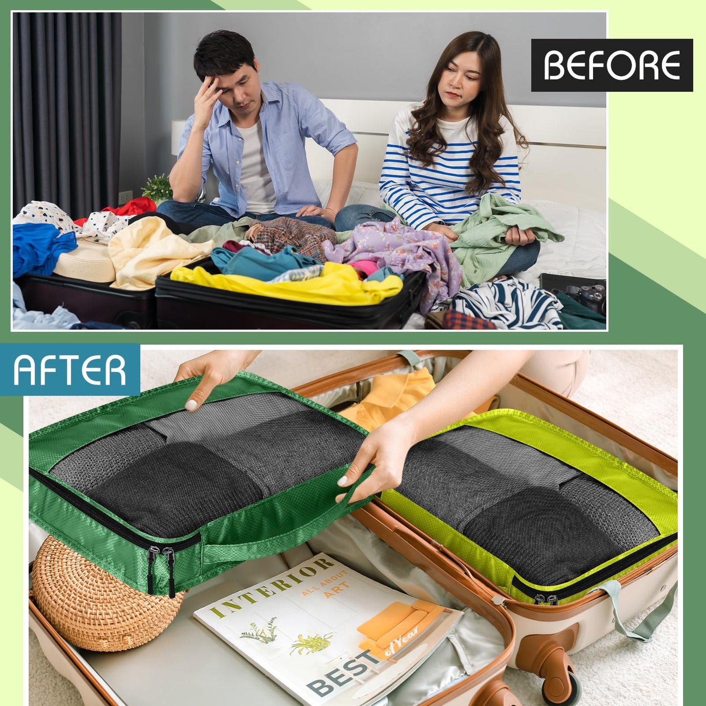 Bulyoou 5 Pcs Packing Cubes for Suitcase Large Travel Cubes Carry on Luggage Organizer Bags for Clothes Accessories(M,Green)
