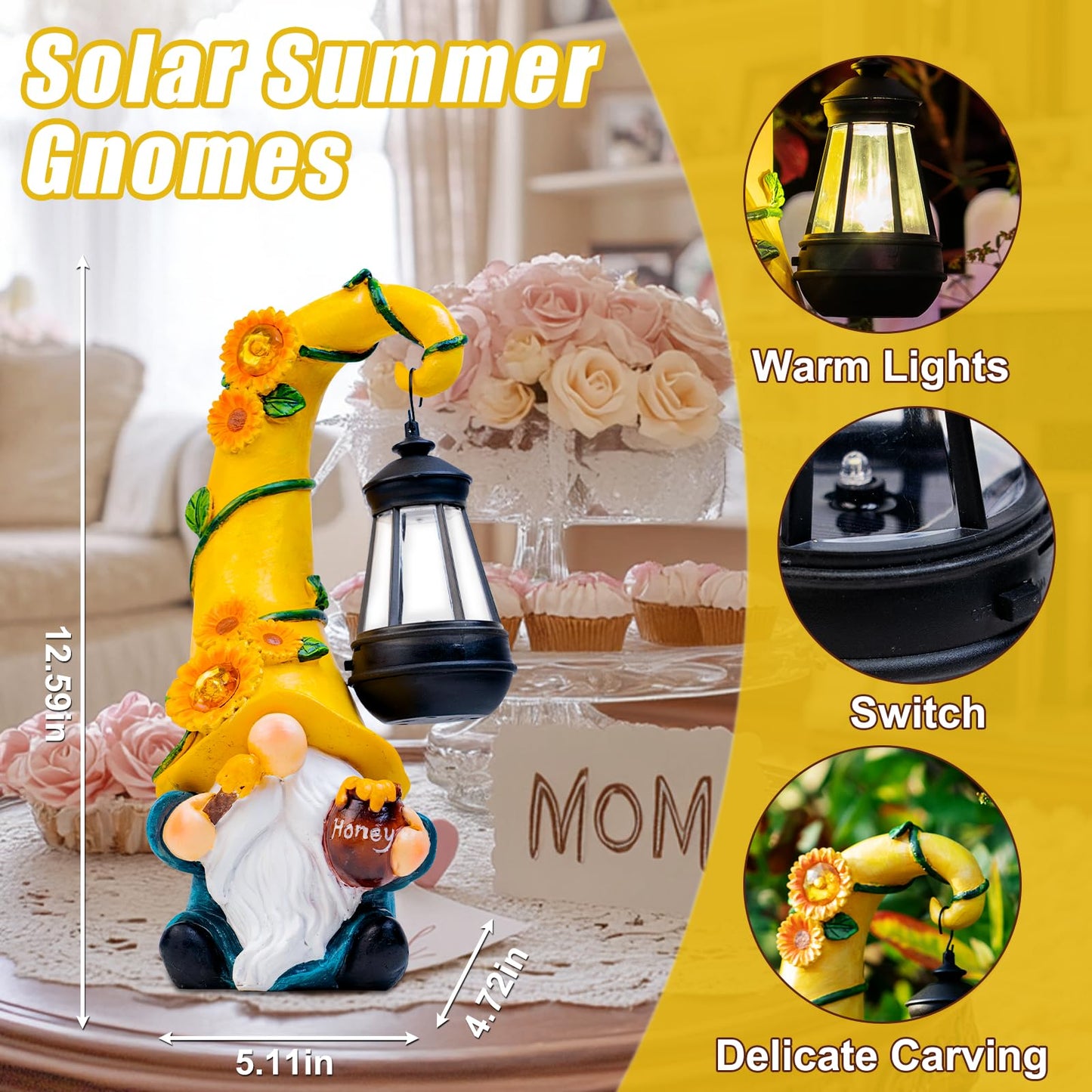 twinbling Garden Gnome Statue with Solar Lights Large Garden Sculptures Funny Bee Gnome Outdoor Patio Lawn Yard Garden Decor Birthday Gifts for Women Mom 12 in Summer Gnomes Outdoor