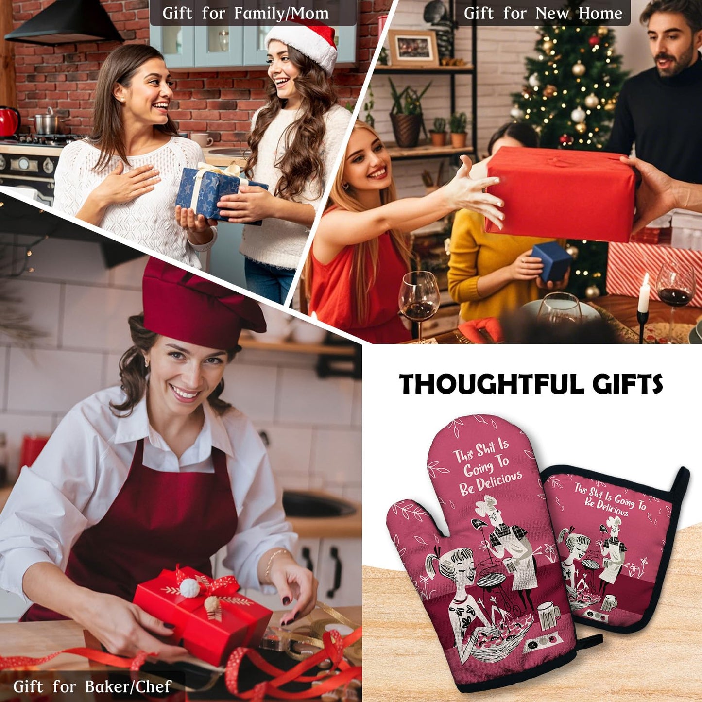 ZHANTUONE This Sxxt is Going to be Delicious Funny Heat Resistant Oven Mitts and Pot Holders Set with Silicone Non-Slip, Retro Adult Humor Cooking Baking BBQ Gadgets, Gifts for Chef Bakers Wife BFF