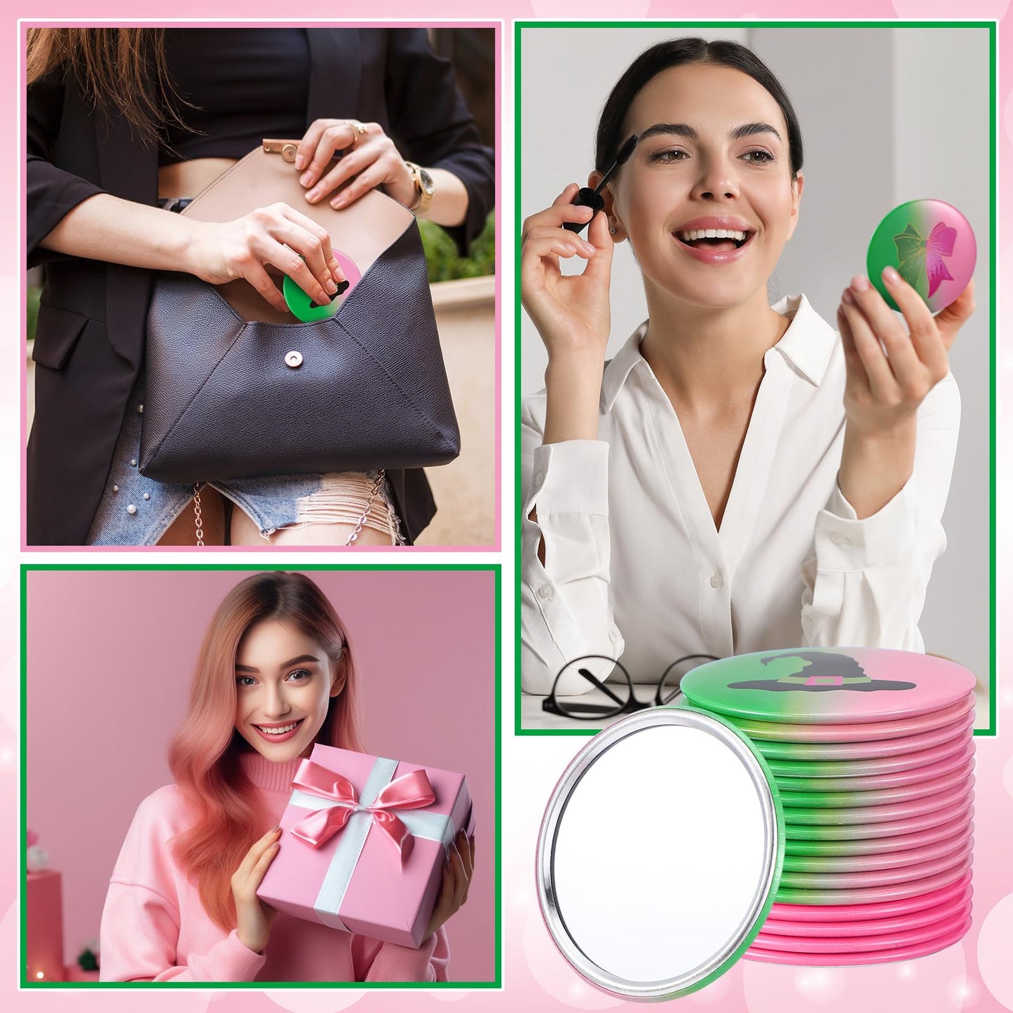Marsui 24 Pcs Green and Pink Birthday Party Favors Witch Gifts for Girl Women Bulk Witch Mini Compact Mirror 2.76 Inch Portable Pocket Makeup Mirror for Goody Bags Stuffer Bridal Travel Friends