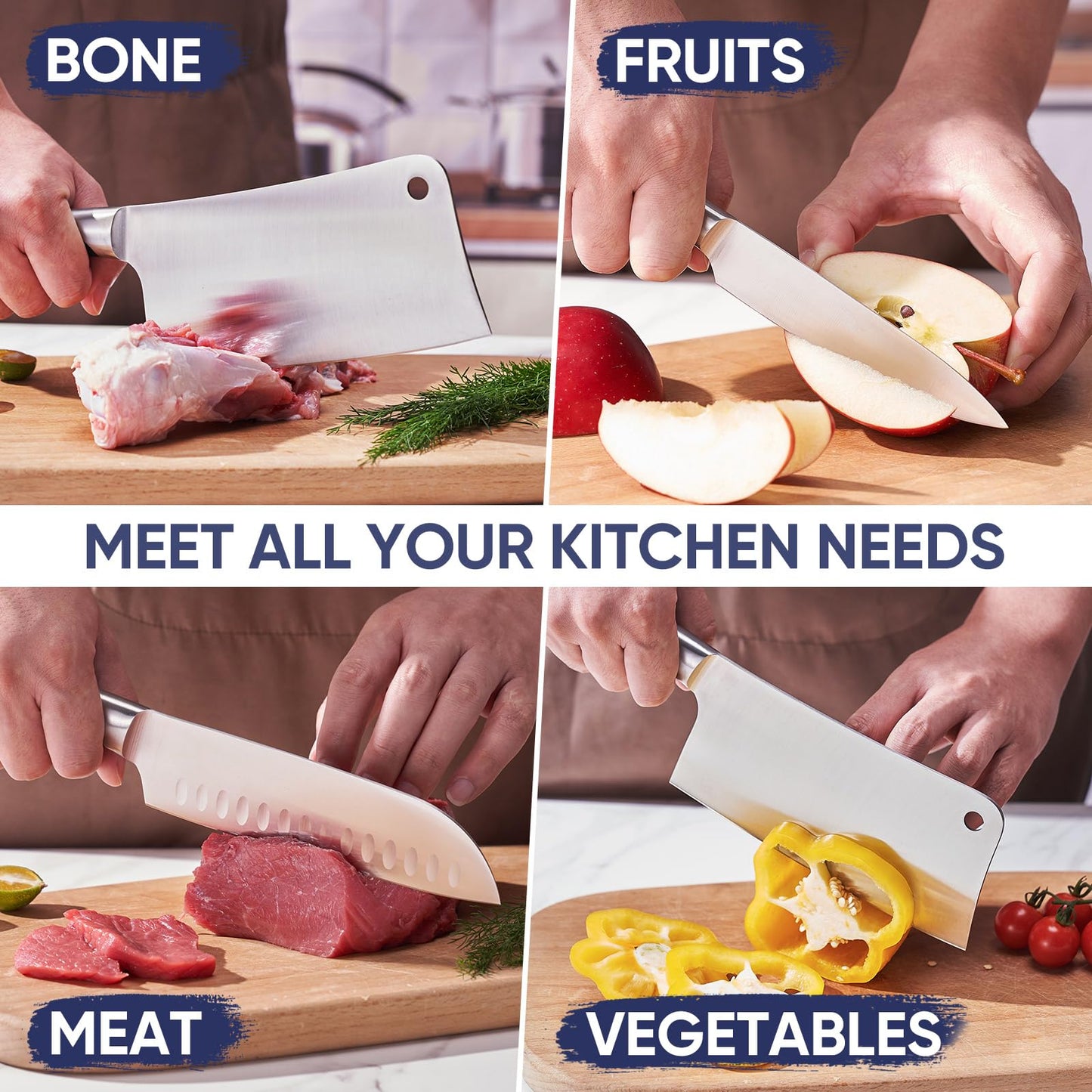 Topfeel Butcher Knife Meat Cleaver Set 3Pcs-7" Heavy Duty Bone Chopper& 7" Santoku Knife& 5" Utility Knife, German Stainless Steel Chef Knives Set for Kitchen Home Gift