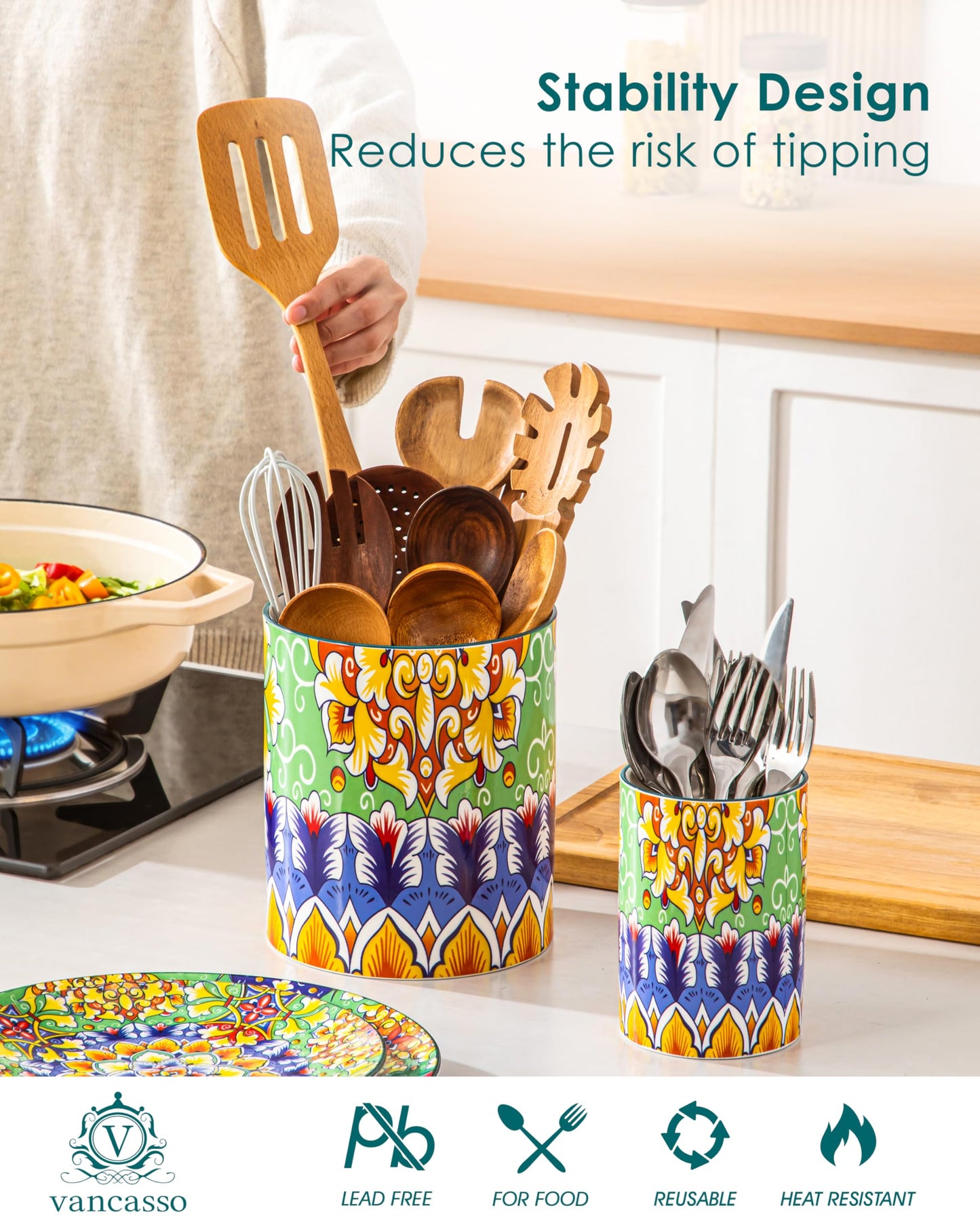 vancasso SIMI Utensil Holder, 7.3"+5.5" Porcelain Kitchen Utensil Holder for Countertop, Bohemian Kitchen Utensil Organizer for Spatulas, Spoons, Ladles, Decorative Counter Utensil Crock, Golden Bloom