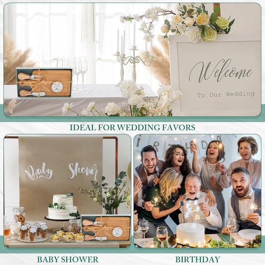 Ziliny 4 Set Bridal Baby Shower Cheese Prizes Wooden Square Board Gift Set Knives Forks Thank You Tags with Box for Guests for Valentines Bridal Baby Shower Housewarming Gifts (Bamboo Color)