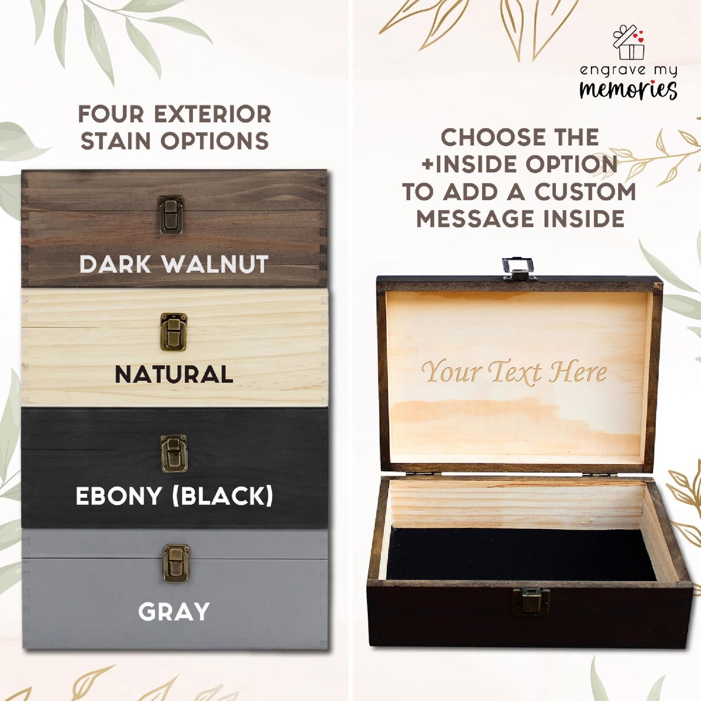 ENGRAVE MY MEMORIES Personalized Wooden Keepsake Box - Custom Memory Box for Photos Jewelry Letters Rustic Memento Storage Box for Wedding, Anniversary, Birthday, Graduation & Retirement Gifts