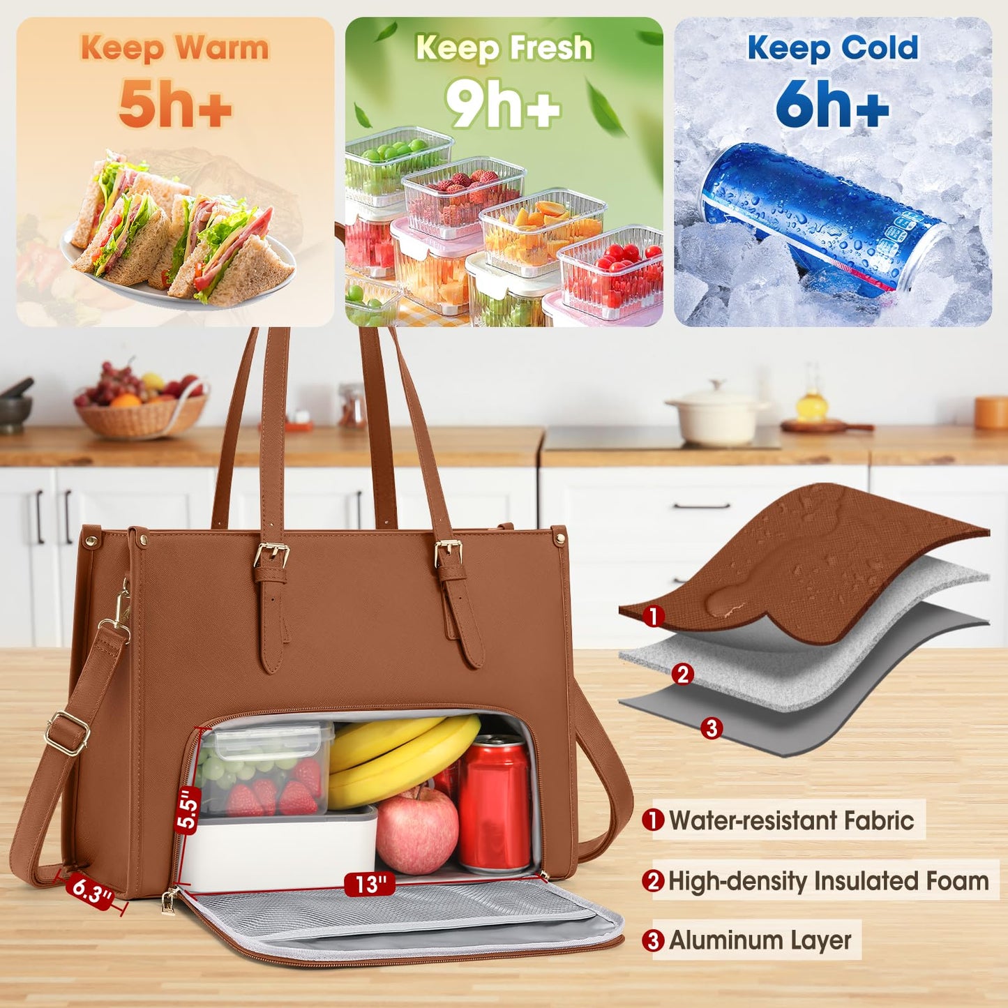 RAINSMORE Lunch Tote Bag for Women 15.6 Inch Laptop Bags with Insulated Lunch Compartment Large Leather Quilted Computer Tote for Teacher Nurse Work Collage Casual Brown