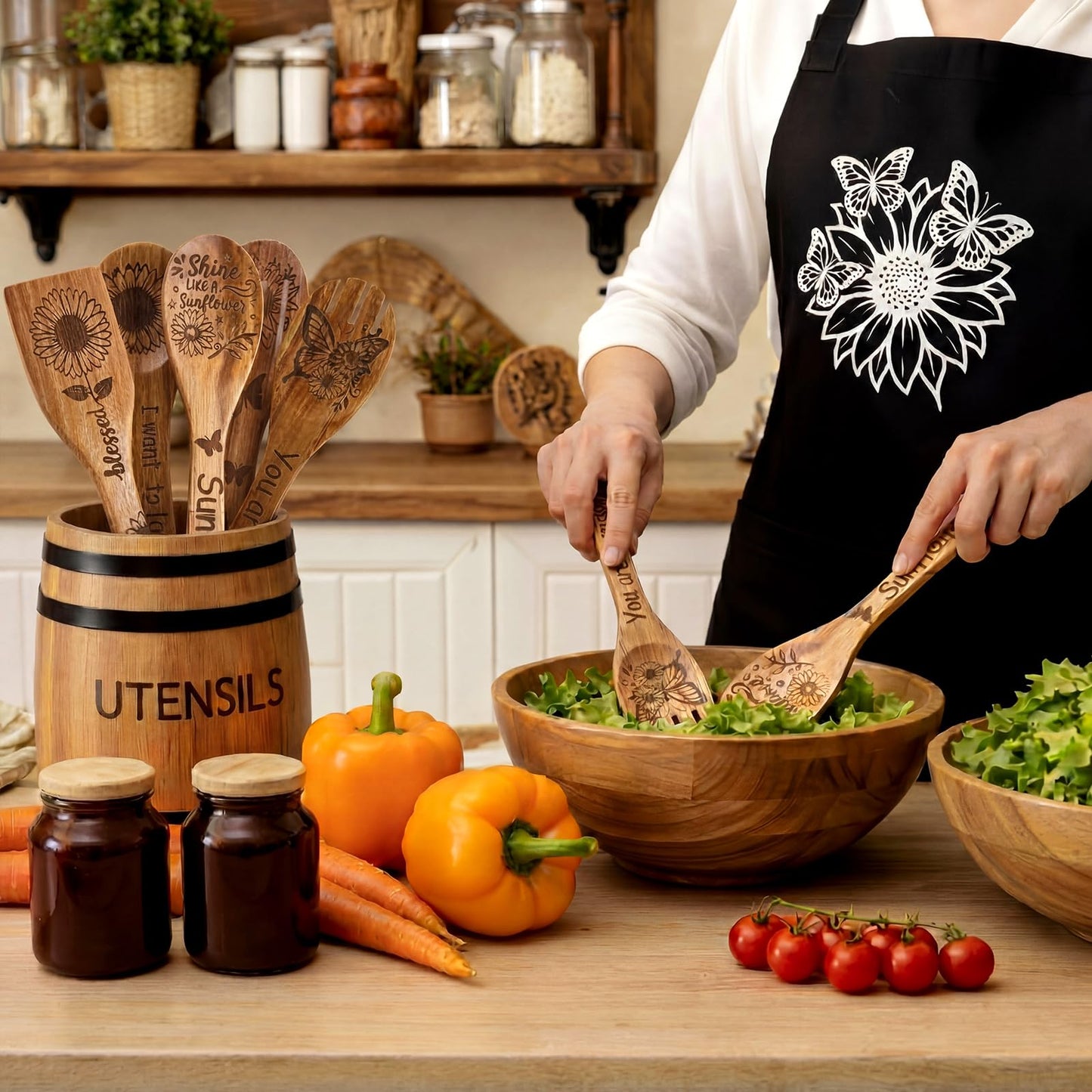 Remerry 6 Pcs Sunflower Gifts for Women Sunflower Kitchen Gift Set with Acacia Cooking Spoons Apron Kitchen Cooking Utensils Set for Mother's Day Housewarming Gift