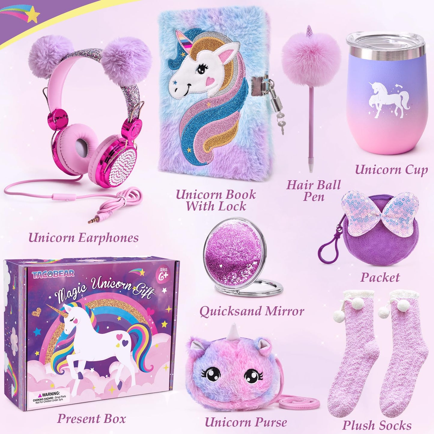 Tacobear Unicorn Gifts Girls Toy Age 5 6 7 8-12 with 3.5mm Wired Headphones Locked Diary Water Bottle Plush Bag Purse Socks Mirror, Christmas Birthday Gift Idea Toys for Teen Girl 6-10+ Years Old