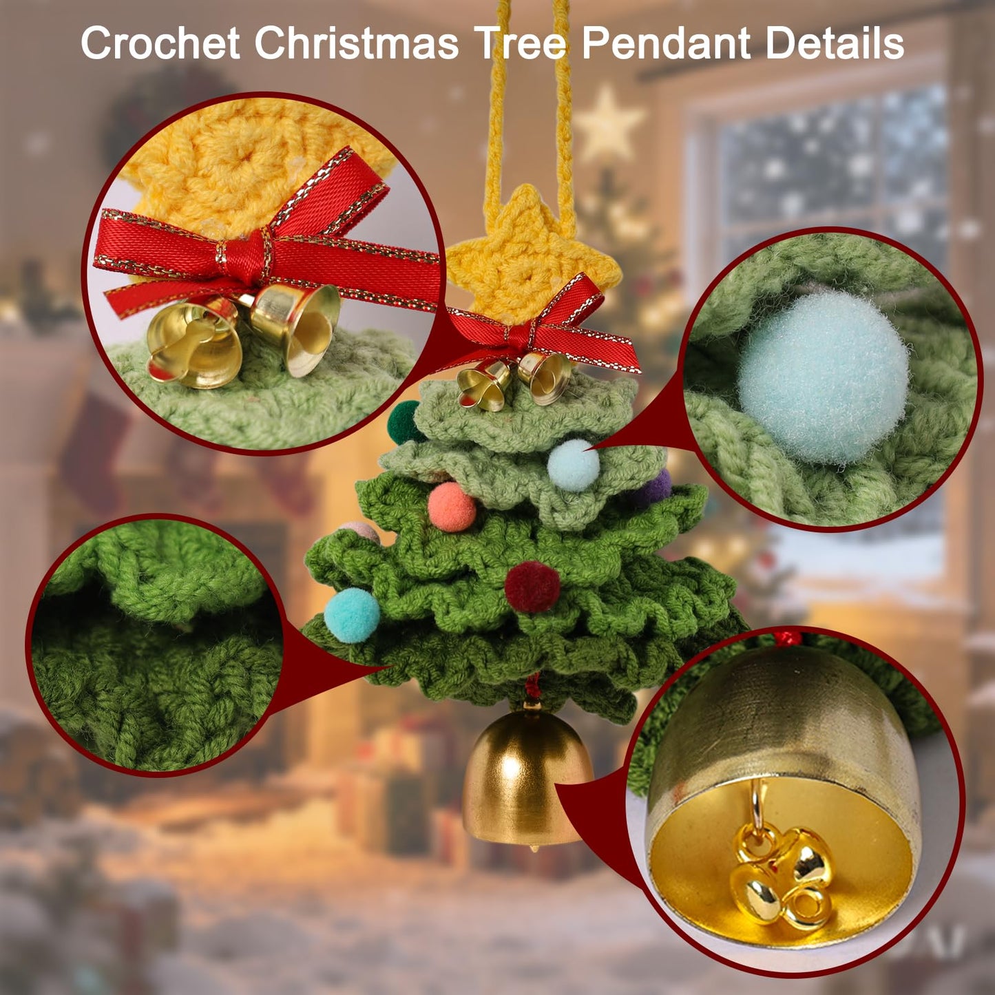 JSSTEM Handmade Crochet Christmas Tree, Hand-Knitted Ornaments Car Pendant with Bells, Stars, Bows & Pom Poms, Cotton Xmas Decor for Holiday Tree, Festive Gift, Home, Car and Party Decor, Green