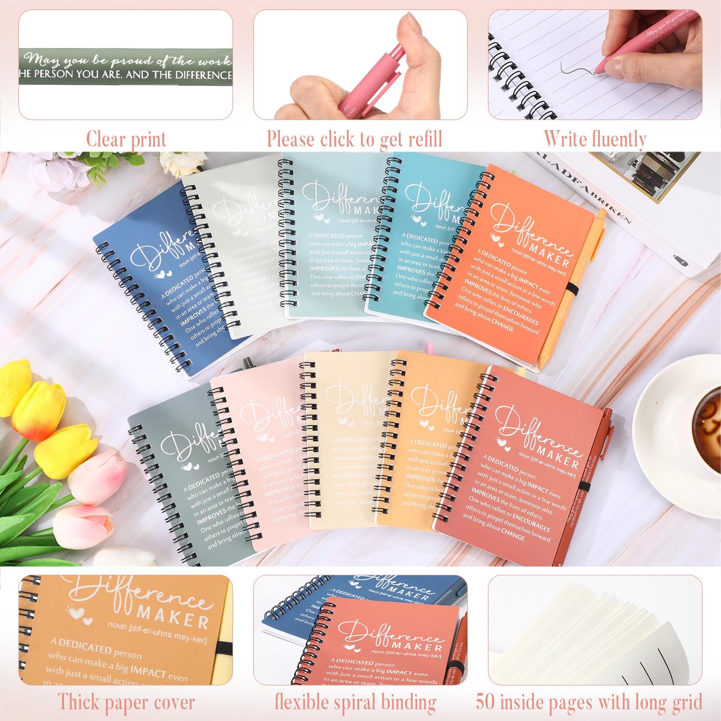 Resurhang 10 Sets Difference Maker Employee Appreciation Gifts Bulk Inspirational A6 Spiral Notebooks Journal with Ballpoint Pens for Teacher Nurse Volunteer Coworker Staff Team Gifts (Morandi Colors)