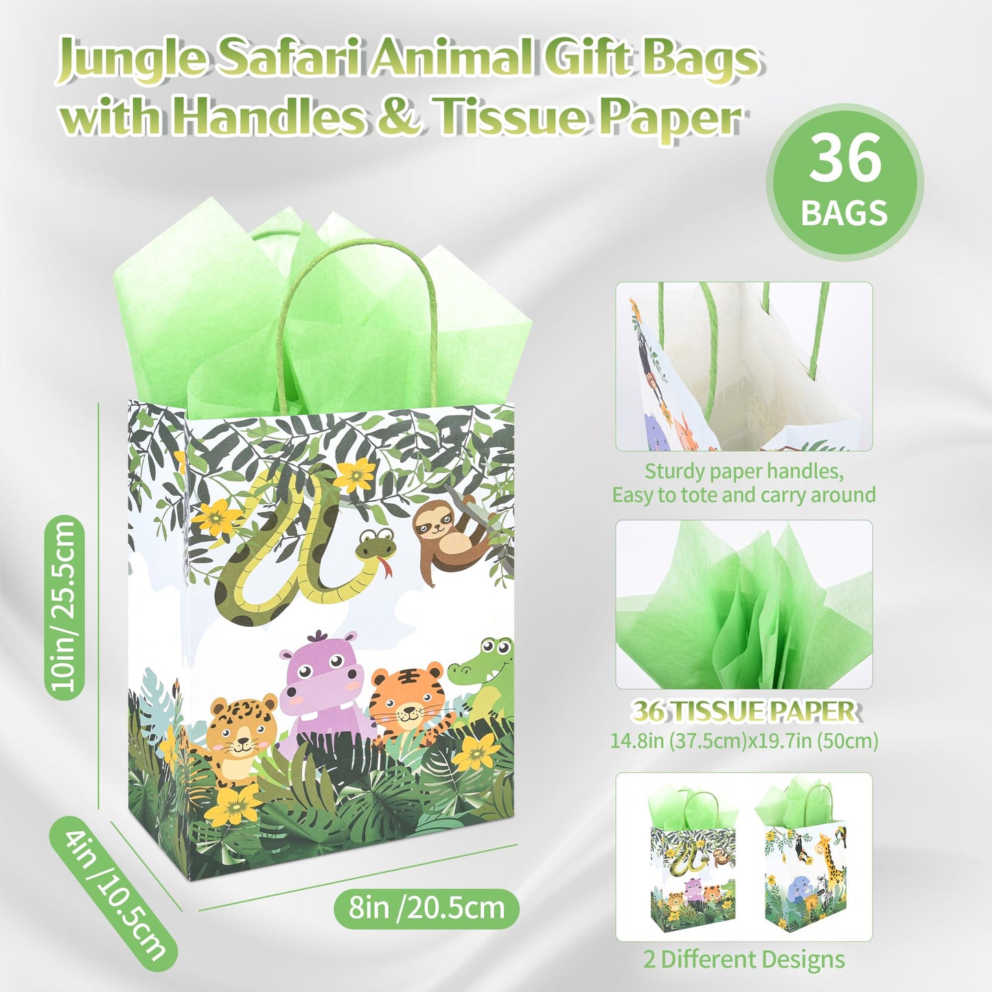 36 Pack Medium Jungle Safari Woodland Animal Themed Paper Gift Bags with Handles and Green Tissue Paper for Birthday Baby Shower Party Favors Goodies Treats, 10x8x4 Inch (2 Assorted Designs)
