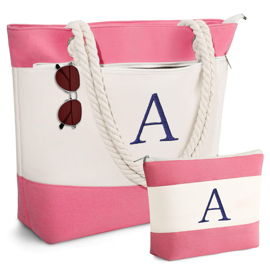 YOOLIFE Birthday Gifts for Women - Mothers Day Gifts, Beach Bags for Women, Pink Beach Bags Waterproof Sandproof Initial Canvas Tote Bag Mom Girlfriend Teacher Sister Friend Female Her Gift Idea A