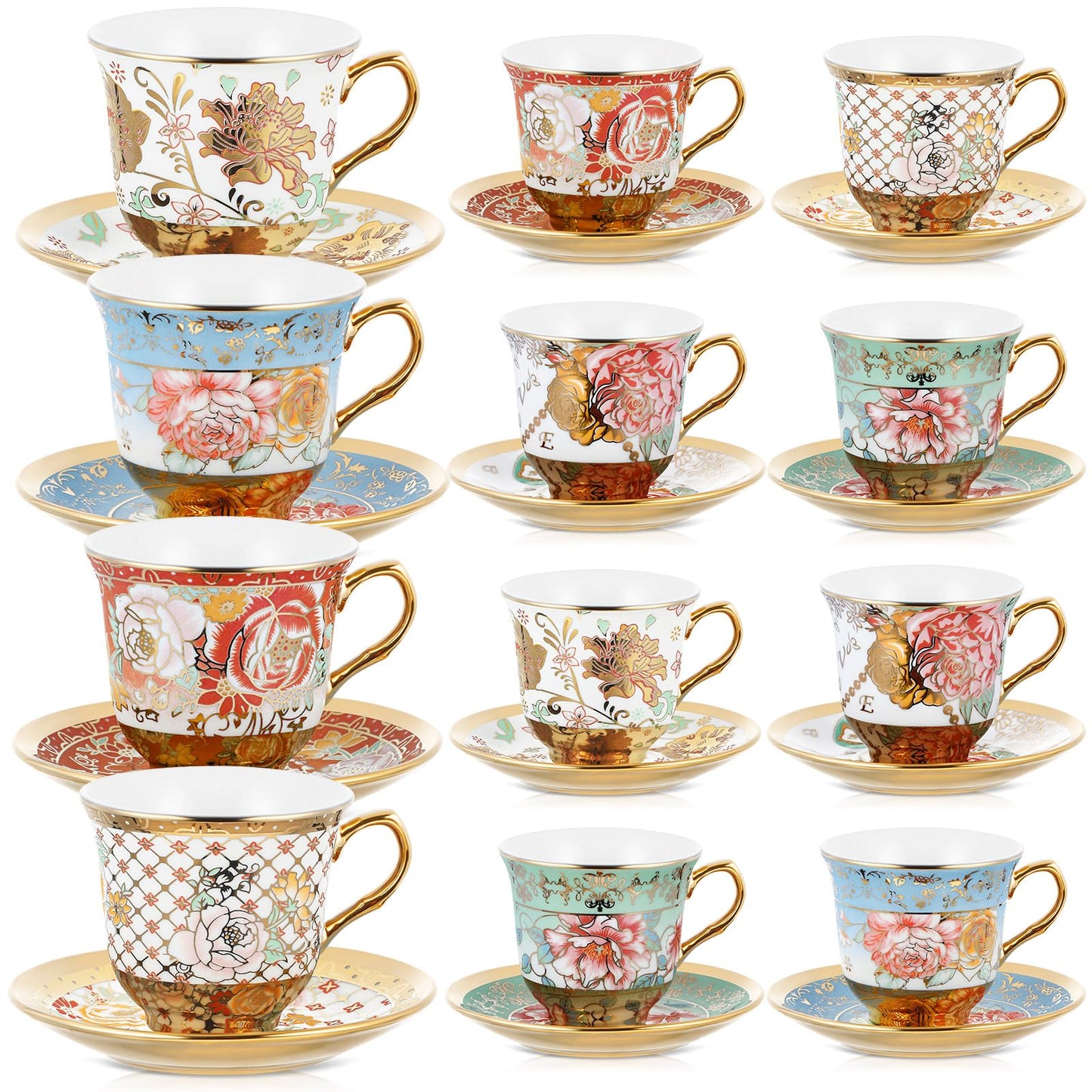 Teenyyou Set of 12 Tea Cups and Saucers Tea Party Decorations Floral Porcelain 7.4 oz British Gift for Women Birthday Party, Church, and Mother's Day (Stylish Style)