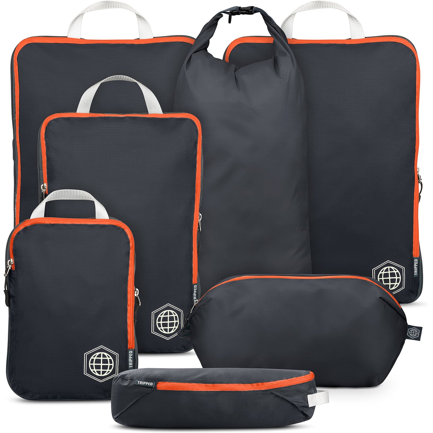 Large Compression Packing Cubes for Travel-Packing Cube Luggage Organizers 7 Piece Set for Checked Luggage-Ultralight, Expandable/Compression Bags by TRIPPED Travel Gear (Grey/Orange)