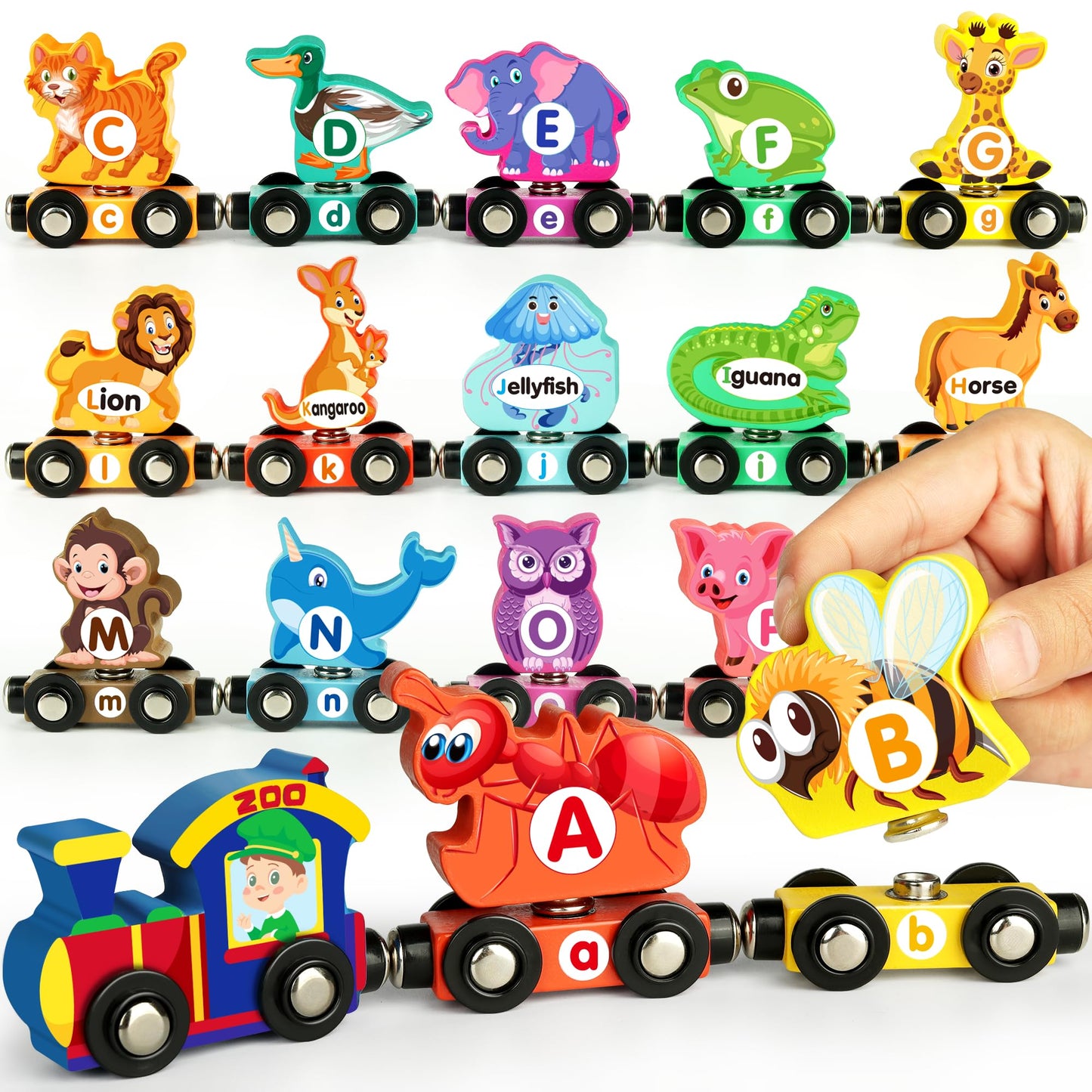 Helsort Wooden Alphabet Train Set for Toddlers – Magnetic ABC Train with Snap-Connection, Animal-Themed Educational Preschool Toy for Kids Ages 3-5, Montessori STEM Learning Gift for Boys and Girls