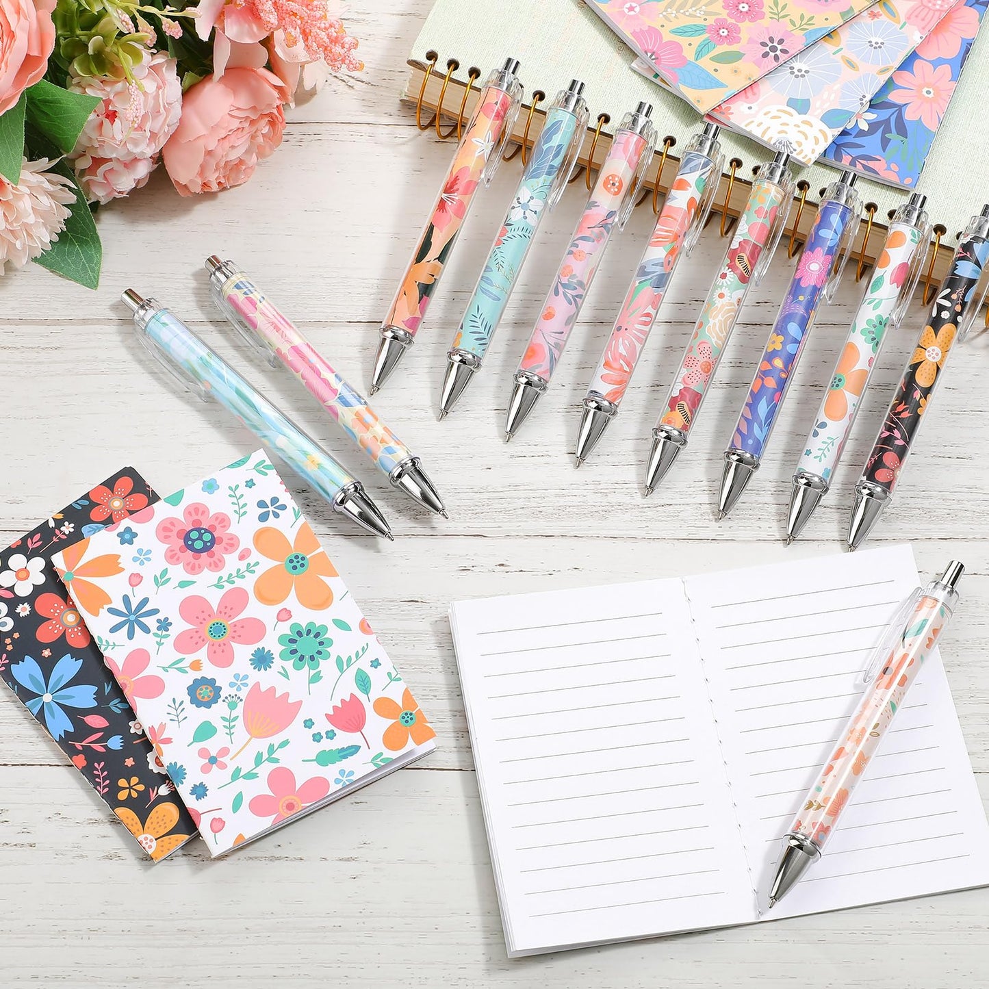 Motiskyy 24 Pcs Floral Pens Flower Ballpoint Pens Flower Notepads Set Design Line Notebook Employee Gifts Set for Student Womens History Month School Supplies, Valentine's Day, Mother's Day Gift