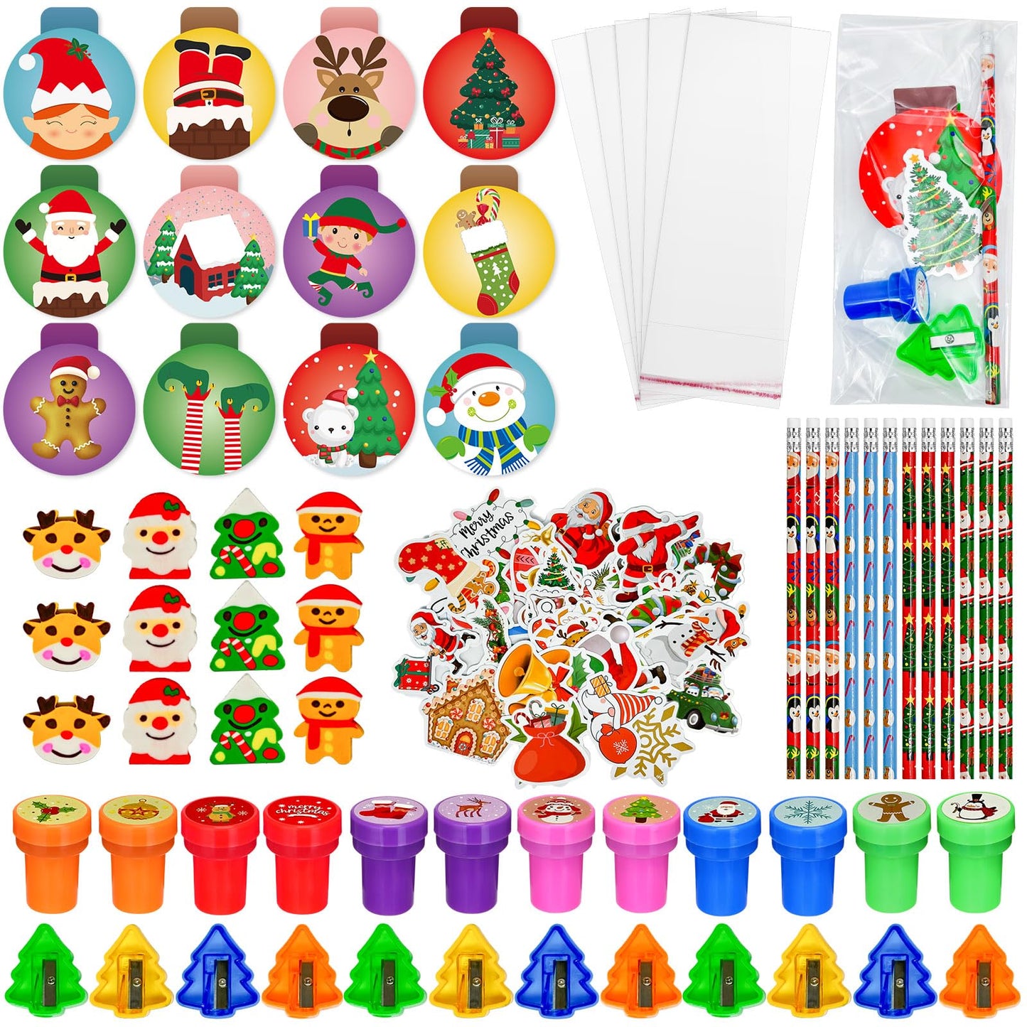 194 Pcs Christmas School Stationery Set Xmas Classrooms Exchange Stationery Party Favors Class Reward Prizes Notebooks Pencils Sharpener Erasers Stickers Stamps for Party Supplies (Snowball)