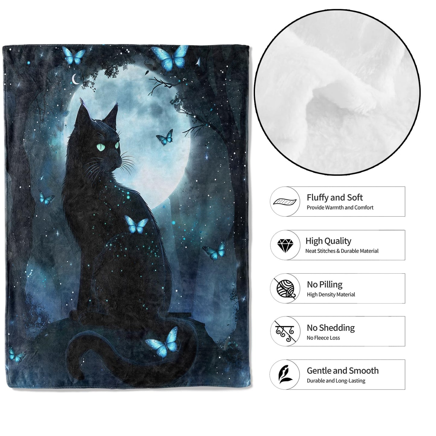 MIEPOS Fantasy Black Cat Throw Blanket, 50x60in, Soft Lightweight Flannel, Mystical Moon Butterfly Design Blankets,Gifts for Women Girls,for Couch Travel Office Home Living Room Cabin Decor