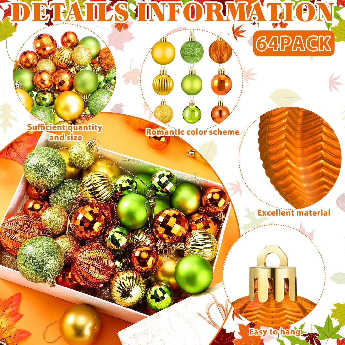 Lunmon 64 Pcs Fall Ball Ornaments Matt Glitter Lime Green Gold Orange Tree Ornament 1.6/1.97/2.4 Inch Autumn Thanksgiving Hanging Bulbs Fall Decorations for Home Tree Holiday Office Party Decor