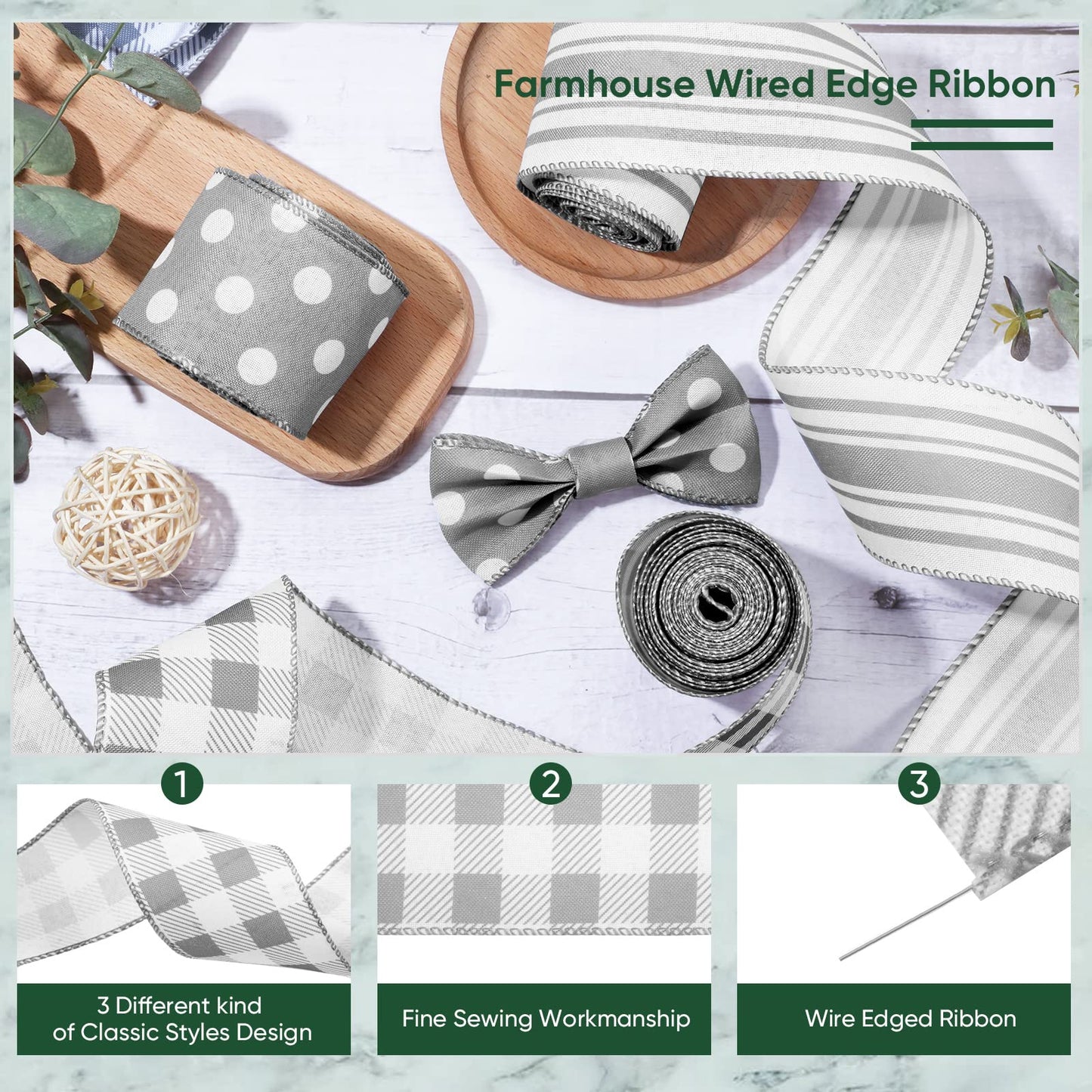 Moukeren Grey Wired Edge Plaid Ribbon 3 Rolls 2.5 Inch Farmhouse Buffalo Check Gray Ribbon Polka Dot Striped Belt Buffalo Plaid Belt Wire Decor for DIY Crafts Gifts Wreath Bow, 15 Yards