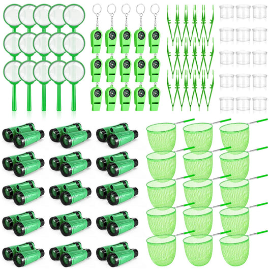 Sabary 12 Set 72 Pcs Explorer Kit Bug Catching Kit for Outdoor with Binoculars, Butterfly Net, Magnifying Glass, Compass Whistle, Tweezers and Observation Box for Outdoor Hiking Wilderness Adventure