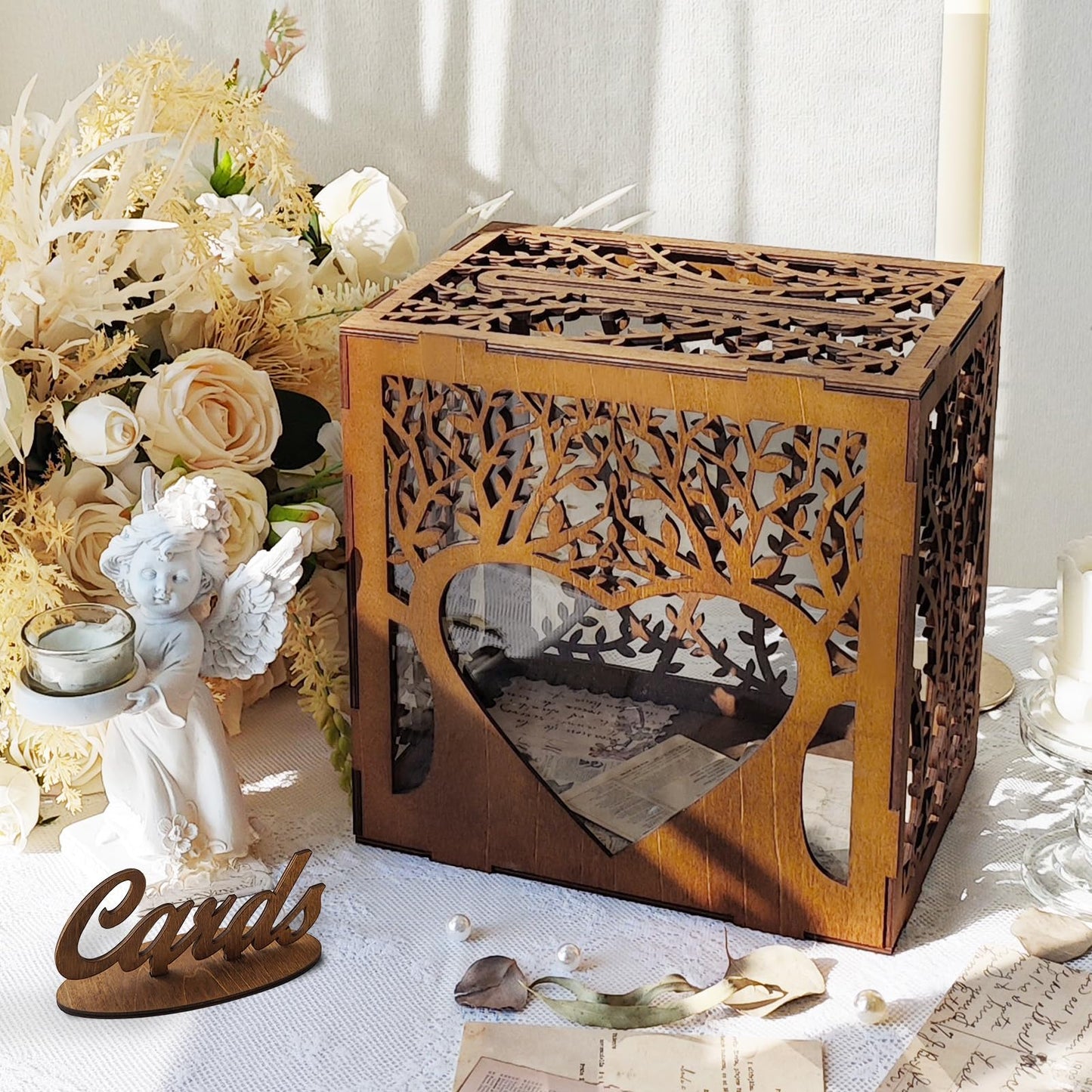 OurWarm Wedding Card Box with Acrylic Window, Wooden Gift Card Box for Wedding Decorations for Reception, Rustic Brown Wood Money Keepsake Boxes for Wedding Decor Baby Shower Birthday Graduation Party