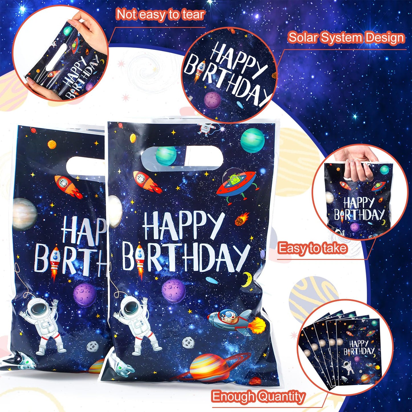 Bokon 50 Pcs Outer Space Birthday Bag Bulk Planet Galaxy Plastic Gift Bags with Handle Astronaut Solar System Party Favor Candy Bags for Kids Birthday Space Theme Party Bags Supplies
