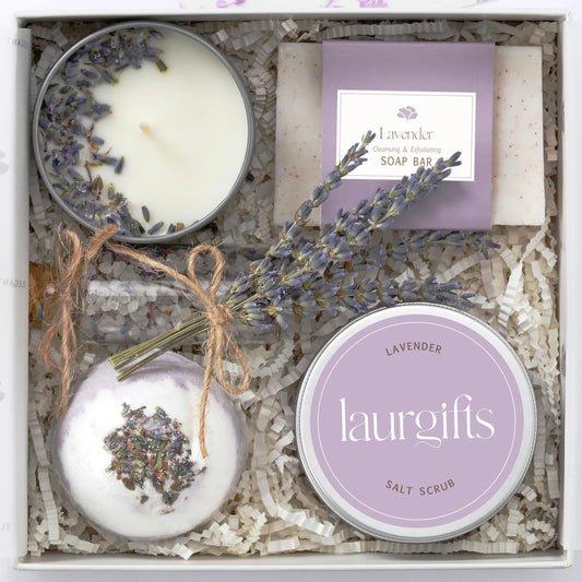 Mothers Day Gifts for Mom – Lavender Spa Gift Box, Small Candle Set with Bath Gifts, Relaxing Self Care Basket, Birthday Gift for Women
