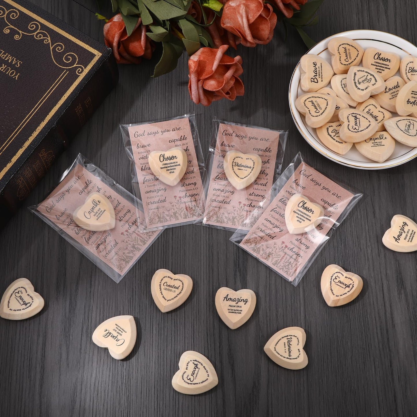 60 Set God Says You Are Inspirational Christian Gifts for Women Bulk, Religious Gifts Bulk Wooden Pocket Heart Token with Holy Encouragement Cards Prayer for Church Sunday School Women Coworker