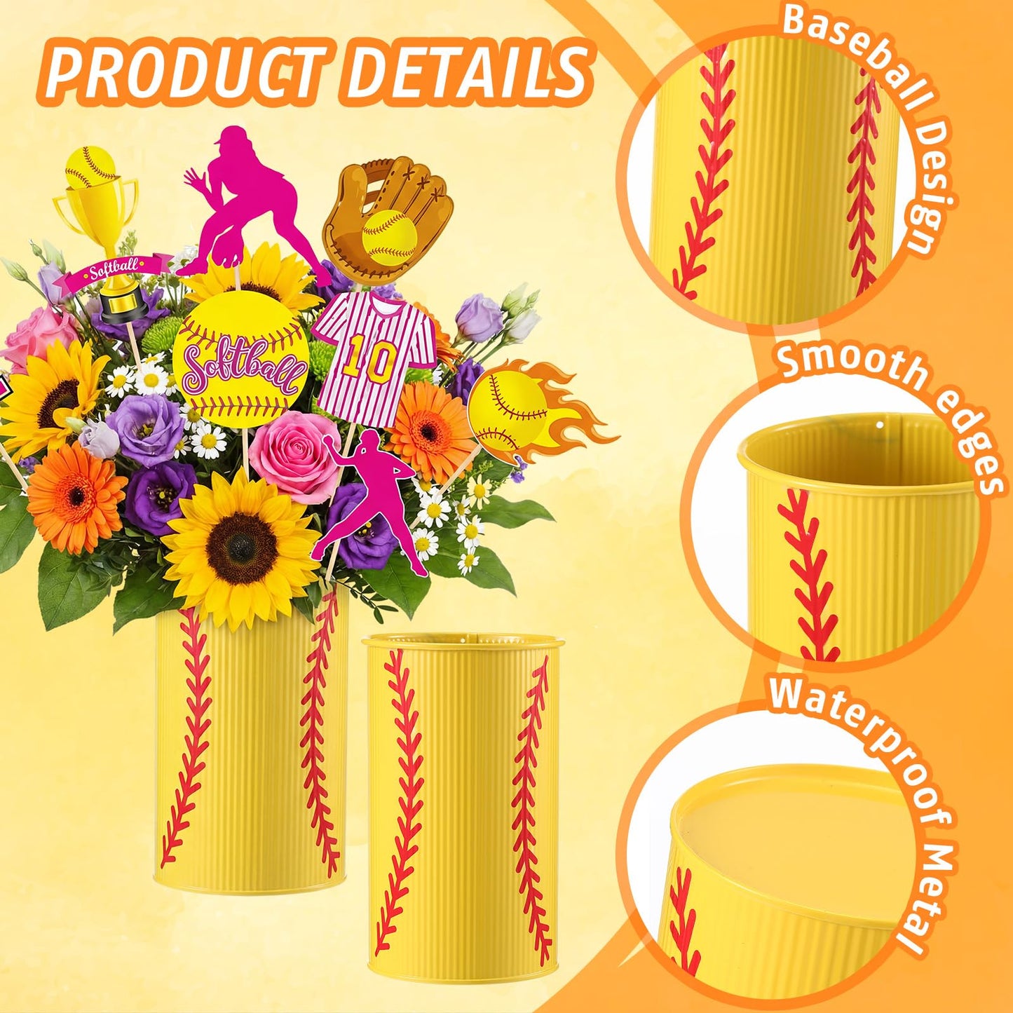 Teecyhooo 6 Pcs Softball Centerpieces for Table Decor Softball Vase Galvanized Metal Buckets Sports Themed Party Decorations Team Gifts for Artificial Flowers Pen Holder Utensil Kitchen Home